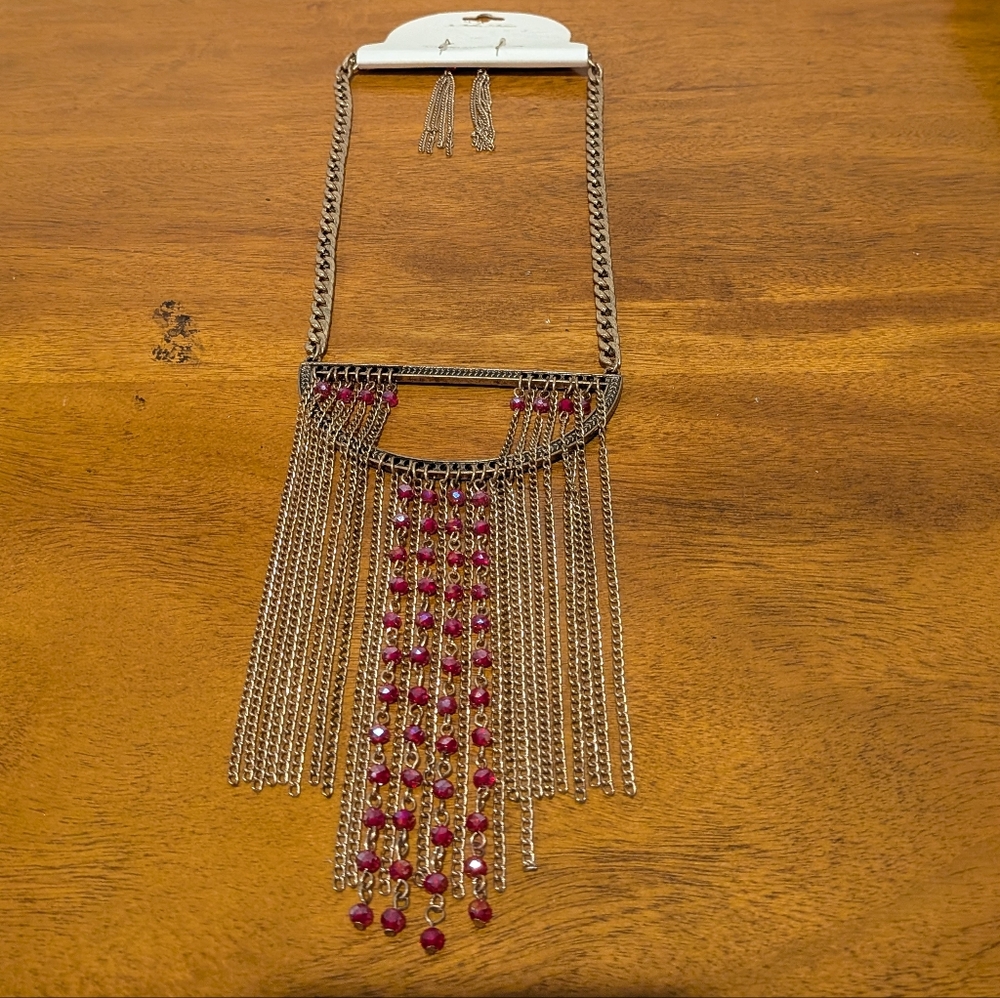 Art Deco Inspired Red Beaded Necklace And Earring Set